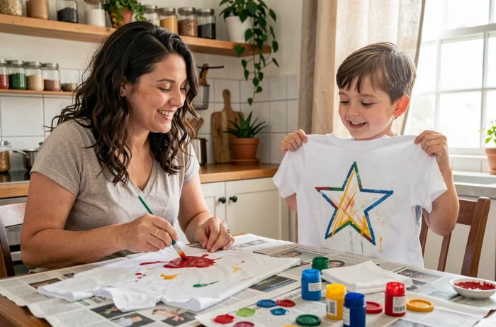 Mère et fils décorant des t-shirts avec de la peinture textile à la table de cuisine dans une atmosphère familiale chaleureuse