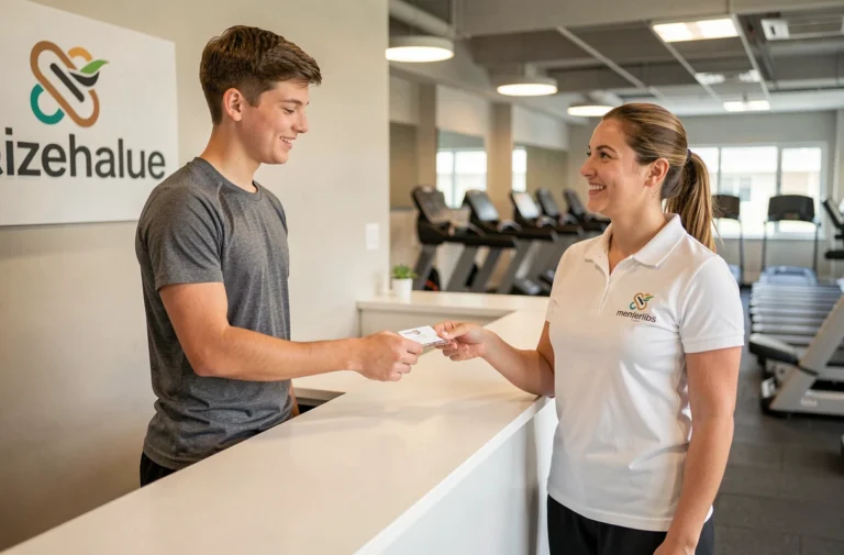 Adolescent présentant sa carte d'abonnement Basic Fit à l'accueil d'une salle de sport moderne