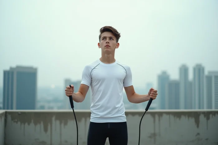 Adolescent tenant une corde à sauter sur une terrasse urbaine, posant la question du lien entre sport et croissance à l'adolescence