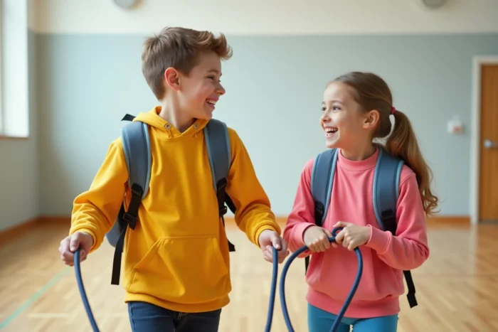 Deux adolescents riant ensemble avec des cordes à sauter dans un gymnase scolaire, illustrant les bienfaits du sport collectif sur la croissance et le développement physique