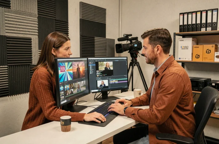 Deux professionnels d'Artgo Media collaborant sur une station de montage vidéo et de contenus digitaux