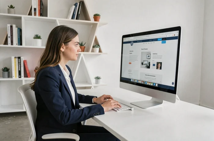 Professionnelle travaillant sur une interface web moderne dans les locaux de l'agence Azelty