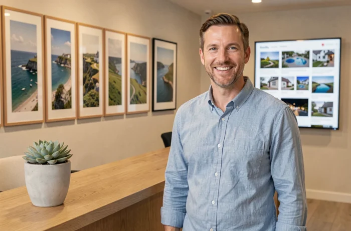Consultant web de Créalouest accueillant des clients dans une agence décorée de photographies bretonnes