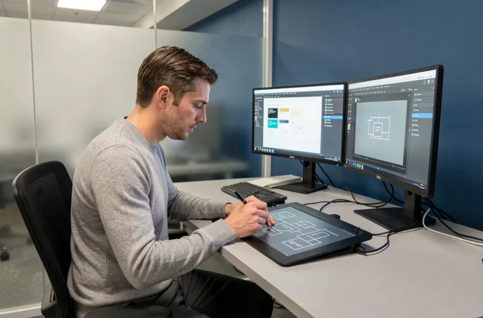Designer UX de l'agence ID Interactive travaillant sur des prototypes interactifs et des wireframes
