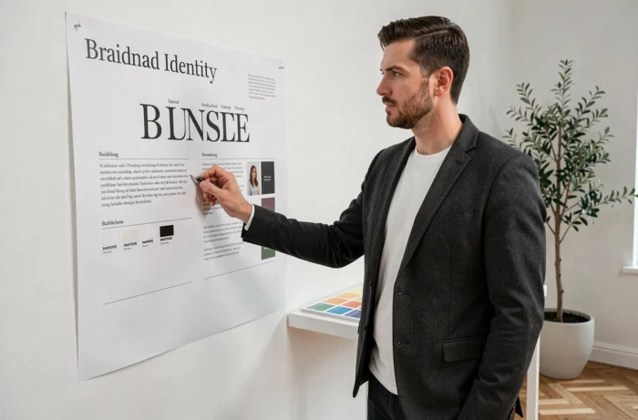Directeur créatif de l'agence Mark examinant des guidelines d'identité visuelle sur une affiche en studio