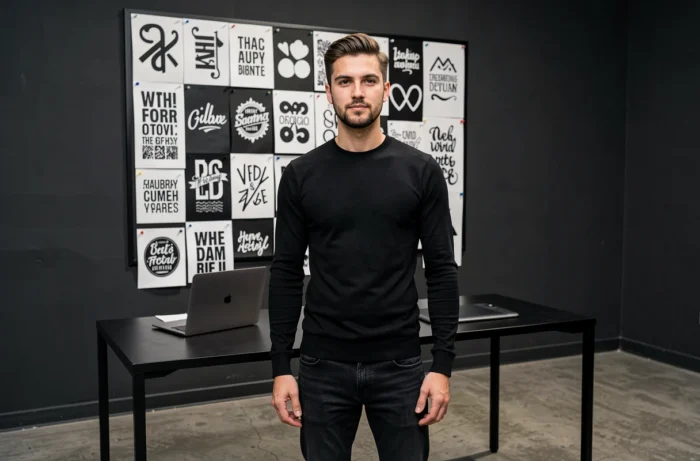 Designer créatif debout devant un mur d'inspiration graphique dans les locaux d'Oscar Black