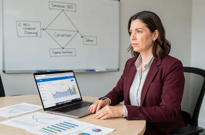 Stratège digitale de Synergieweb analysant des rapports SEO et des données analytiques en réunion