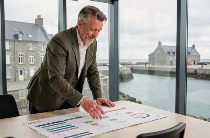 Chef de projet de Web Armor présentant un plan de projet devant une fenêtre avec vue sur un port breton