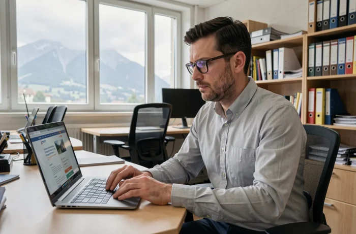 Agent administratif de l'académie de Grenoble consultant le portail PIA sur son ordinateur portable au bureau