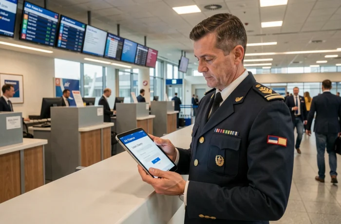 Agent Air France en uniforme consultant le système IPN sur une tablette dans un terminal d'aéroport