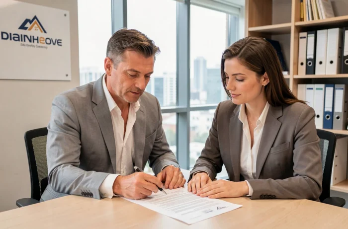 Agent immobilier expliquant un contrat de location à un futur locataire dans une agence