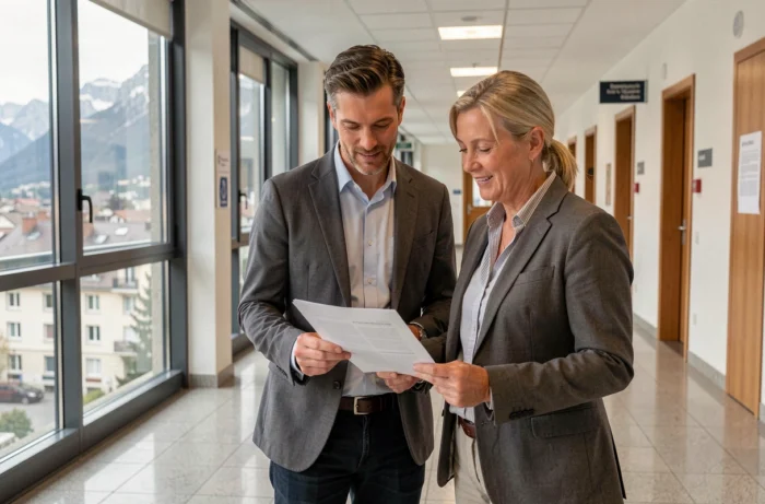 Deux agents administratifs de l'académie de Grenoble échangeant sur le dispositif PIA dans un couloir institutionnel
