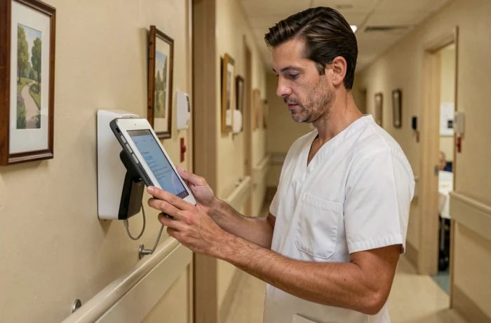 Aide-soignant consultant un terminal numérique mural dans le couloir d'un établissement de soins de longue durée