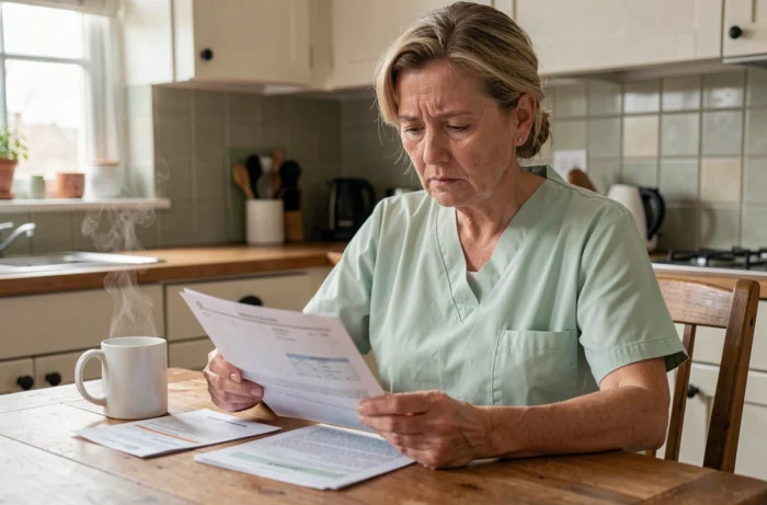 Aide-soignante retraitée étudiant ses relevés de pension à la maison avec une tasse de café