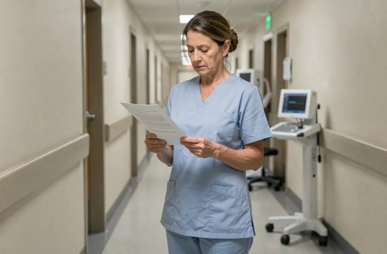 Aide-soignante en fin de carrière consultant un document sur sa retraite dans un couloir d'hôpital