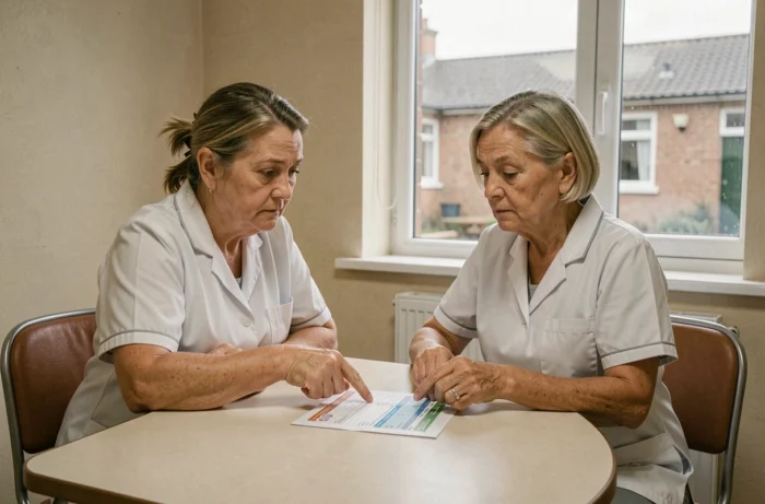 Deux aides-soignantes discutant du montant de leur retraite dans une salle de pause d'établissement de soins