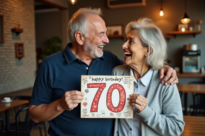 Deux amis de 70 ans riant ensemble en tenant une pancarte humoristique d'anniversaire dans un café chaleureux
