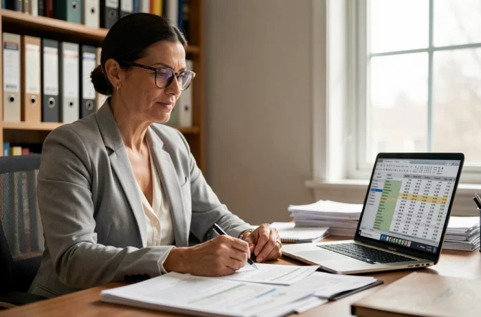 Femme analysant les pénalités de remboursement anticipé de son crédit immobilier à son bureau