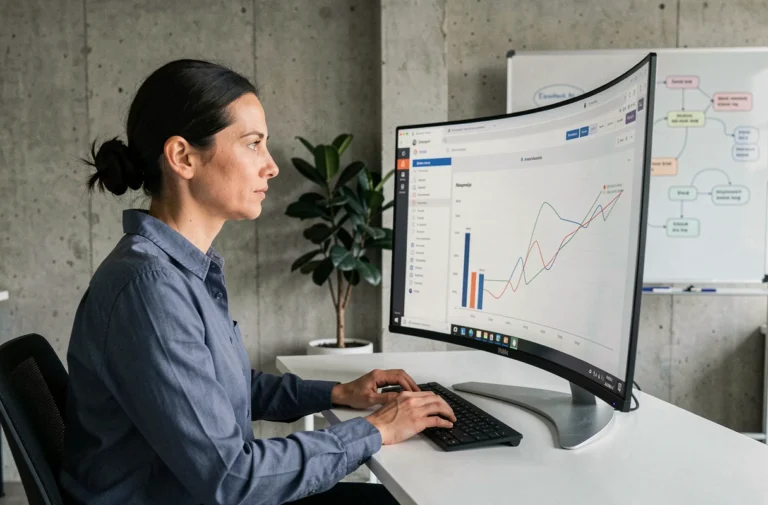 Professionnelle analysant les performances d'un site web sur un grand écran incurvé dans un bureau moderne avec tableau blanc de stratégie digitale