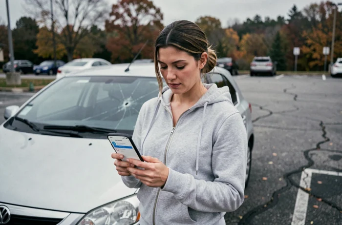 Femme utilisant son smartphone pour annuler un rendez-vous Carglass dans un parking près de sa voiture