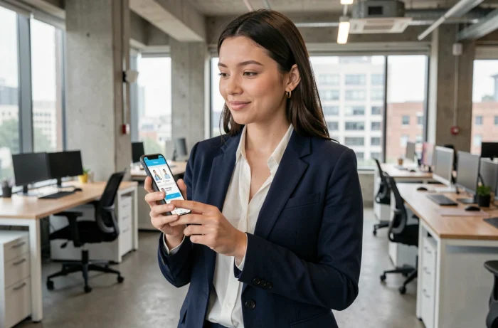 Jeune femme utilisant une application mobile pour trouver un professionnel de santé en ligne