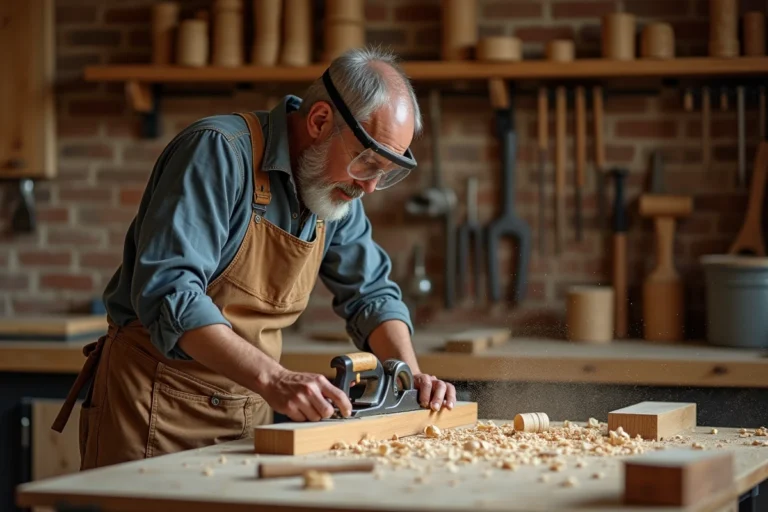 Artisan menuisier en train de raboter une planche de chêne dans son atelier, entouré de copeaux de bois bouclés et d'outils traditionnels