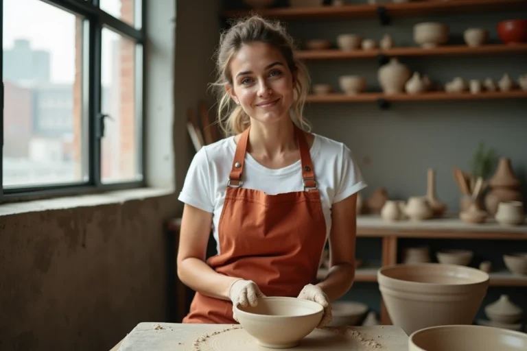 Femme en atelier de poterie façonnant un bol en argile sur un tour, dans un studio urbain aux murs en béton brut