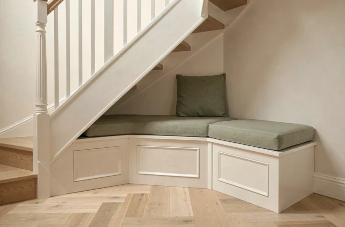 Banquette intégrée en tissu lin sous la volée d'un escalier en bois blanc