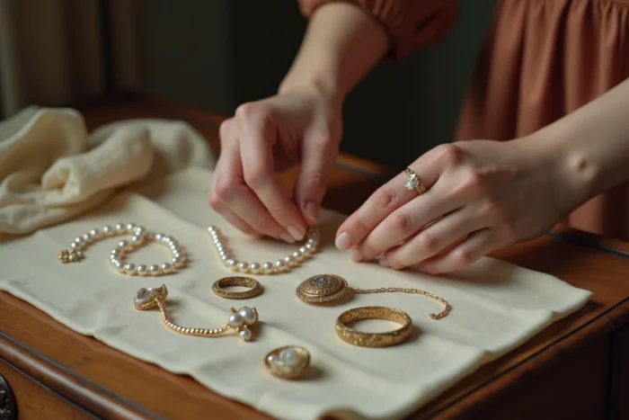 Jeune femme arrangeant avec soin des bijoux hérités d'un membre de sa famille décédé