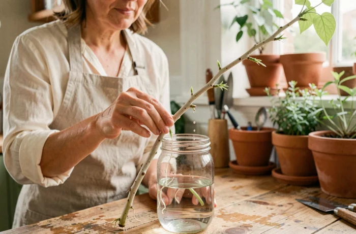 Femme préparant une bouture de glycine dans un bocal en verre rempli d'eau sur un plan de travail en bois