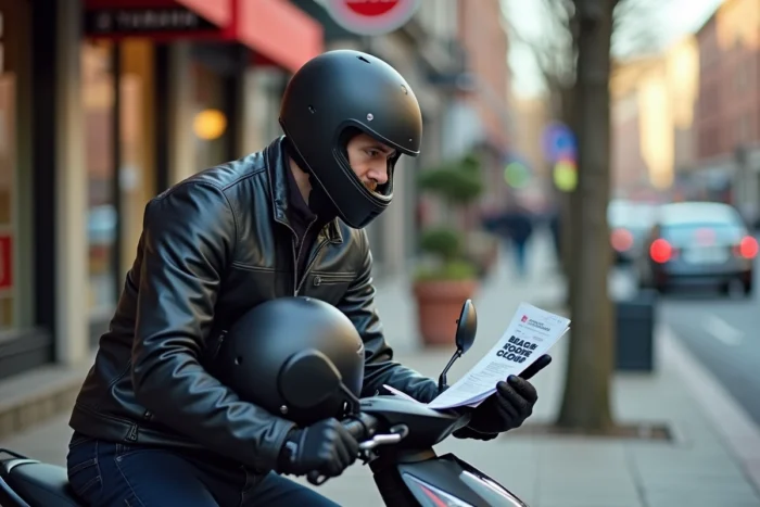 Motard consultant le budget d'achat d'un Yamaha TMAX 2026 avec brochure et smartphone en milieu urbain