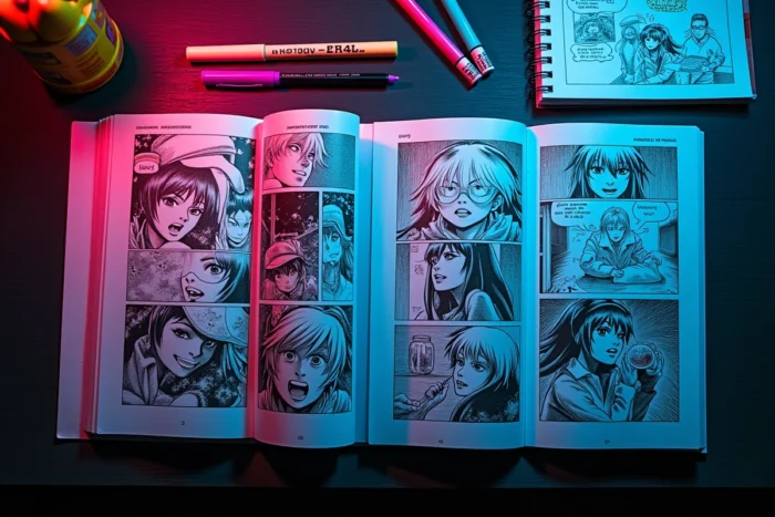Vue aérienne d'un bureau d'artiste avec des mangas ouverts et des marqueurs de couleurs néon pour illustrer les codes visuels du manga