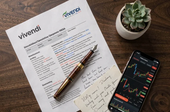 Vue aérienne d'un bureau d'investisseur avec rapport boursier, notes manuscrites et application de trading