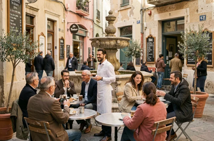 Terrasse animée d'un café local dans le quartier du Panier à Marseille avec habitants et touristes attablés