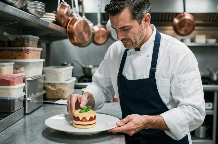 Chef cuisinier dressant un dessert de Pentecôte en fraises et crème vanille dans la cuisine d'un restaurant gastronomique