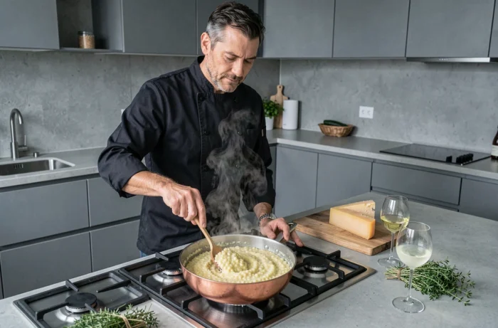 Chef maschile che mescola un risotto cremoso in una padella di rame su un piano cottura moderno con ingredienti freschi intorno