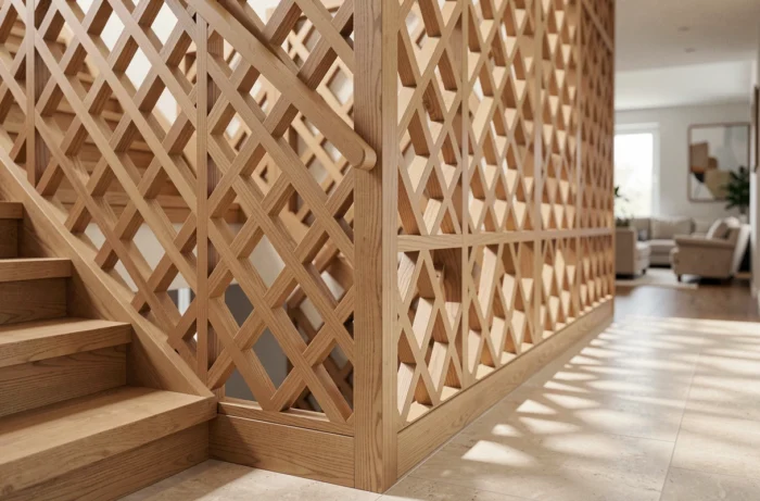 Claustra en bois ajouré installé en séparation de palier entre escalier et couloir