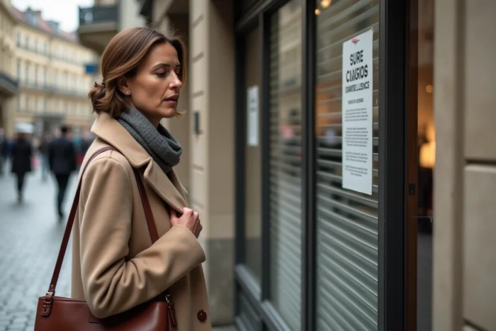 Femme lisant un avis de fermeture définitive affiché sur la vitrine d'une boutique Galeries Lafayette