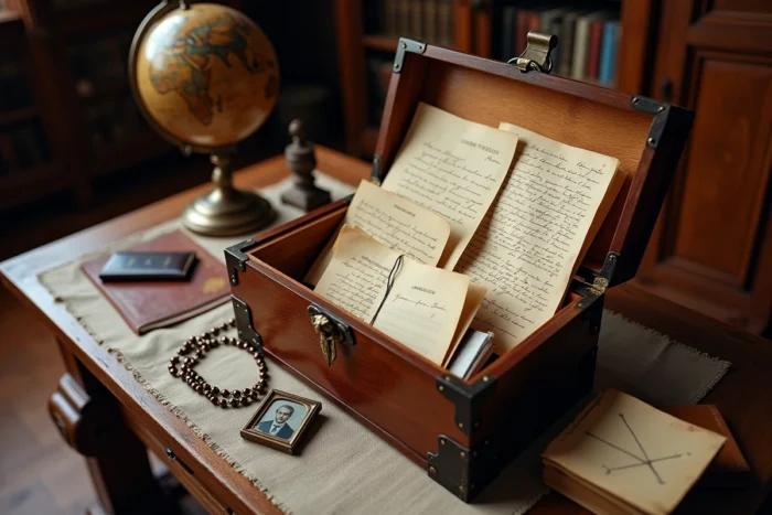 Coffret en bois ancien rempli de documents familiaux, lettres manuscrites et portraits daguerréotypes évoquant les origines et racines familiales de Jules Torres