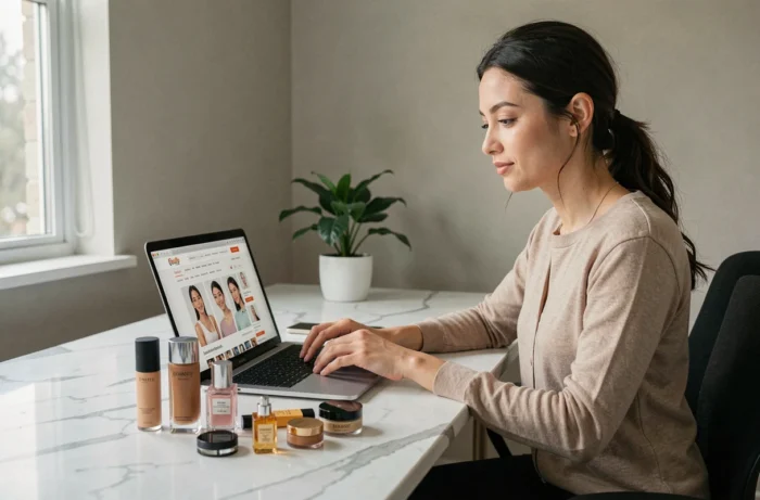 Femme comparant des produits beauté en ligne sur ordinateur portable avec échantillons de parfums posés sur un bureau en marbre