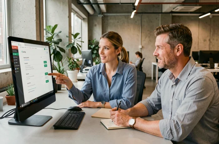 Deux collègues configurant et sécurisant un compte MyFoncia dans un espace de coworking