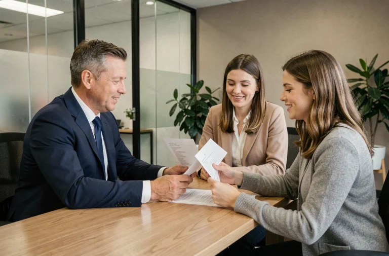 Conseiller bancaire expliquant les conditions de remboursement anticipé d'un prêt immobilier à un couple