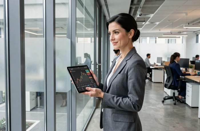 Conseillère en investissement présentant une stratégie boursière sur tablette dans un cabinet financier moderne