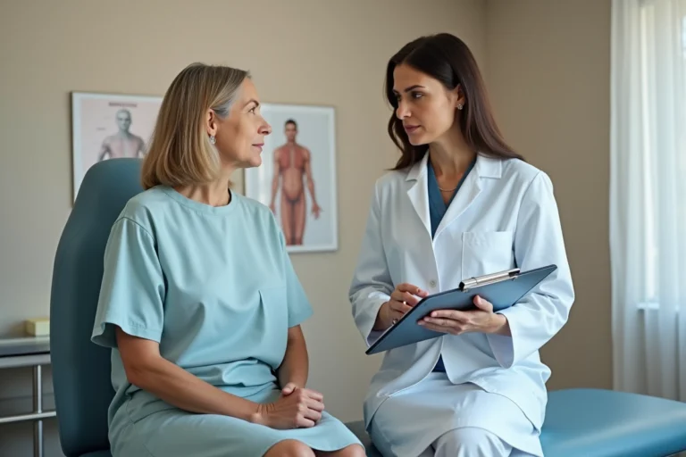 Consultation médicale entre une patiente et une dermatologue pour diagnostiquer et traiter le zona, dans un cabinet médical moderne