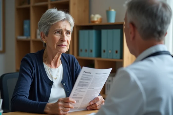 Femme âgée consultant son médecin généraliste au sujet de symptômes suspects de cancer de la langue