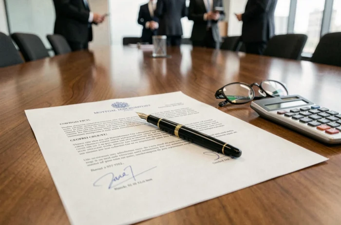 Contrat de prêt immobilier signé sur une table avec stylo et calculatrice illustrant les clauses de remboursement anticipé