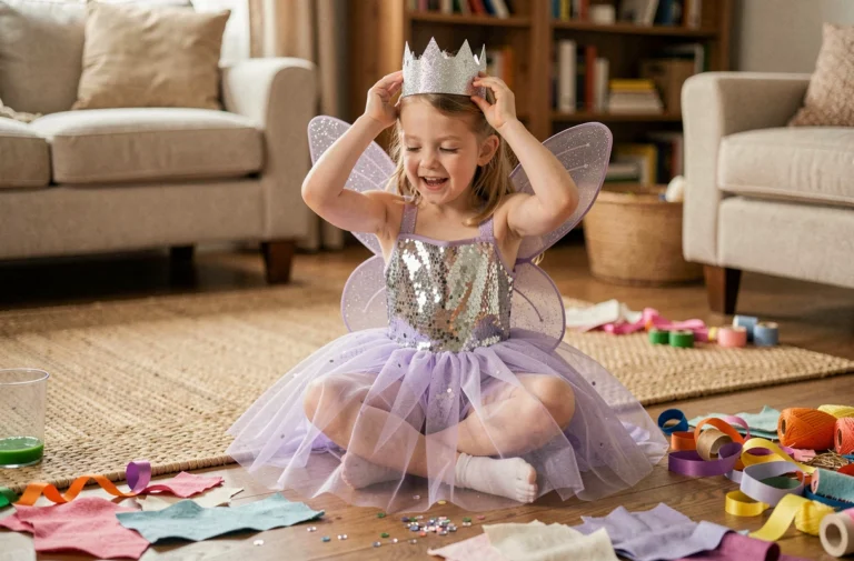 Petite fille en costume de fée fait maison assise sur un plancher en bois entourée de matériaux créatifs colorés