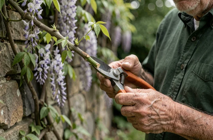 Mani di un giardiniere che tiene una talea di glicine appena tagliata con un cesoia in un giardino