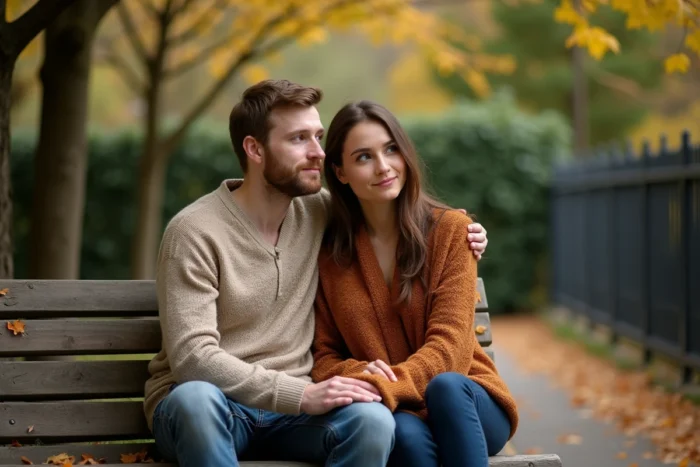 Couple assis sur un banc dans un parc automnal, capturé dans une atmosphère paisible et complice