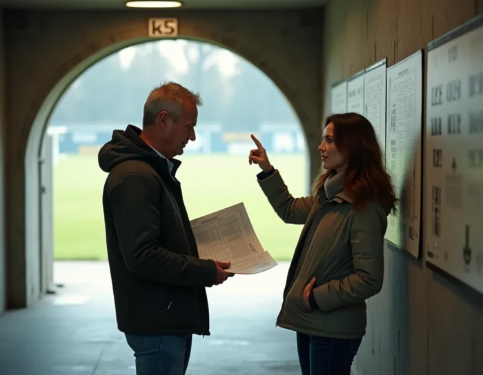 Couple consultant un plan de stade avec numéros de rangs et de places à l'entrée d'une tribune du Vélodrome